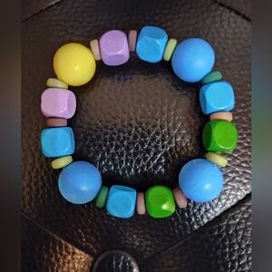Colorful Wooden & Silicone Beaded Kids Bracelet On Double Stretchy Strings